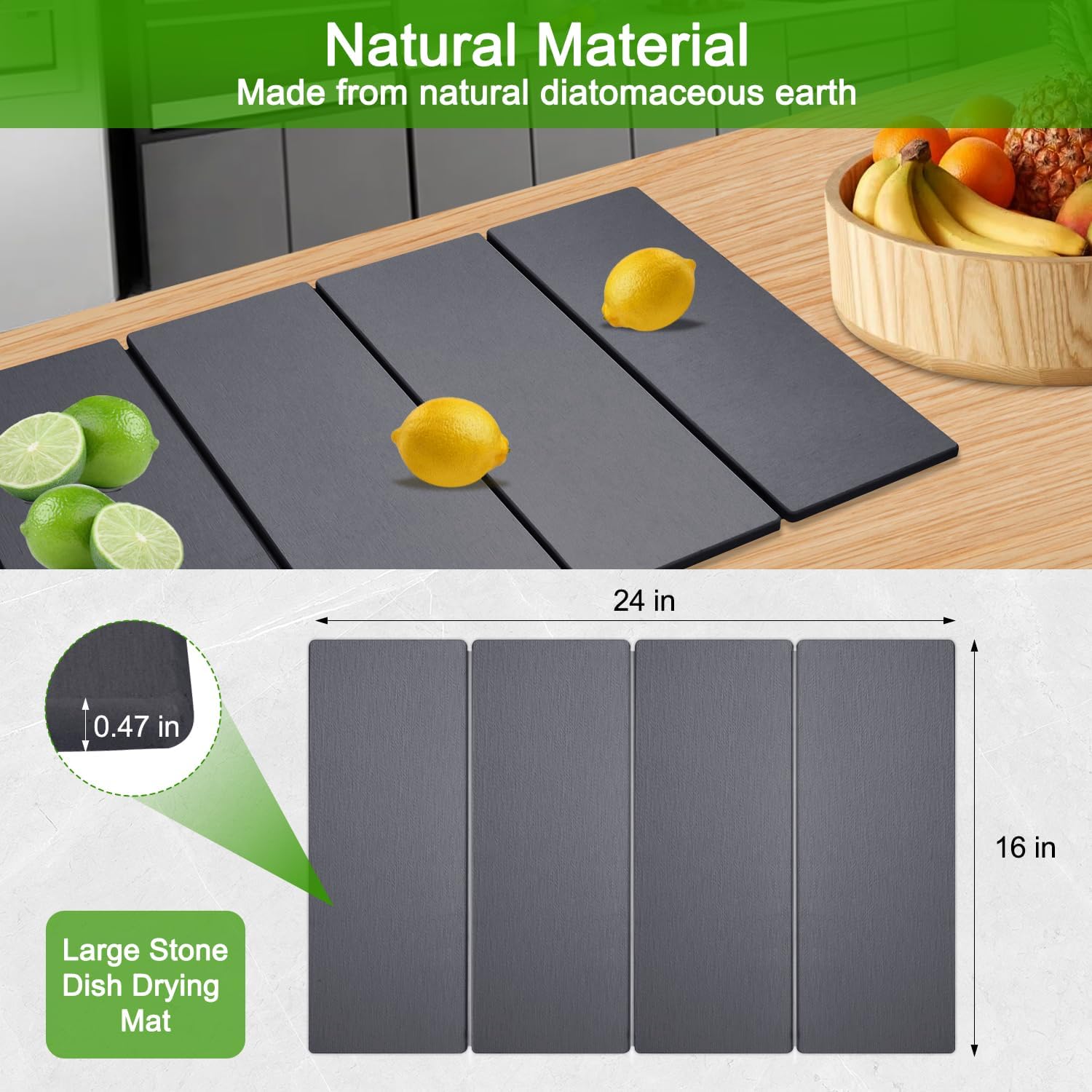 Large Dish Drying Mat for Kitchen Counter,24"×16"Fast Dry Pad Absorbent Countertop Mat, Heat-resistant Mat,Diatomaceous Earth Mats,Gray