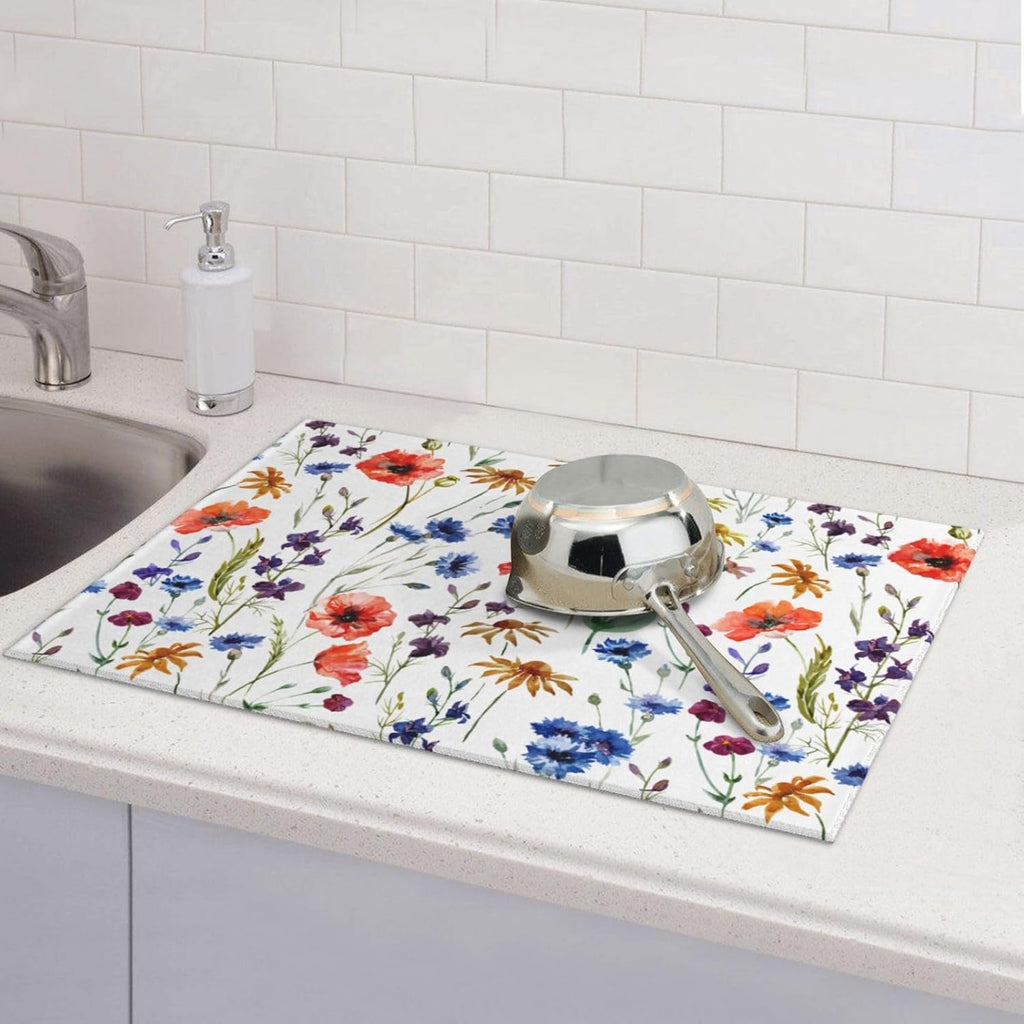 Spring Wildflowers Dish Drying Mats for Kitchen Counter, Watercolor Poppy Cornflower Drying Rack Pad Ultra Absorbent Microfiber Dish Mat for Coffee Countertop Decor 18x24 Inch