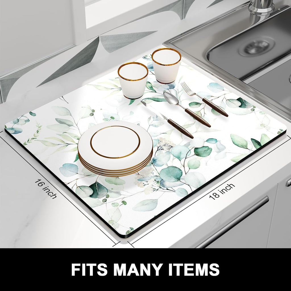 Rnivvi Dish Drying Mat for Kitchen Counter, 16 x 18" Cute Boho Theme Absorbent Heat Resistant Drying Pad with Non-slip Rubber, Coffee Bar Mats for Dish Rack Kitchen Decor Accessories, Leaves