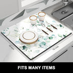 Rnivvi Dish Drying Mat for Kitchen Counter, 16 x 18" Cute Boho Theme Absorbent Heat Resistant Drying Pad with Non-slip Rubber, Coffee Bar Mats for Dish Rack Kitchen Decor Accessories, Leaves