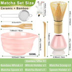 7 Pcs Matcha Whisk Set with Ceramic Bowl, Whisk, Bamboo Spoon, Holder, Sifter, Scoop and Scoop Holder, Tea Kit for Matcha Lover (Pink)
