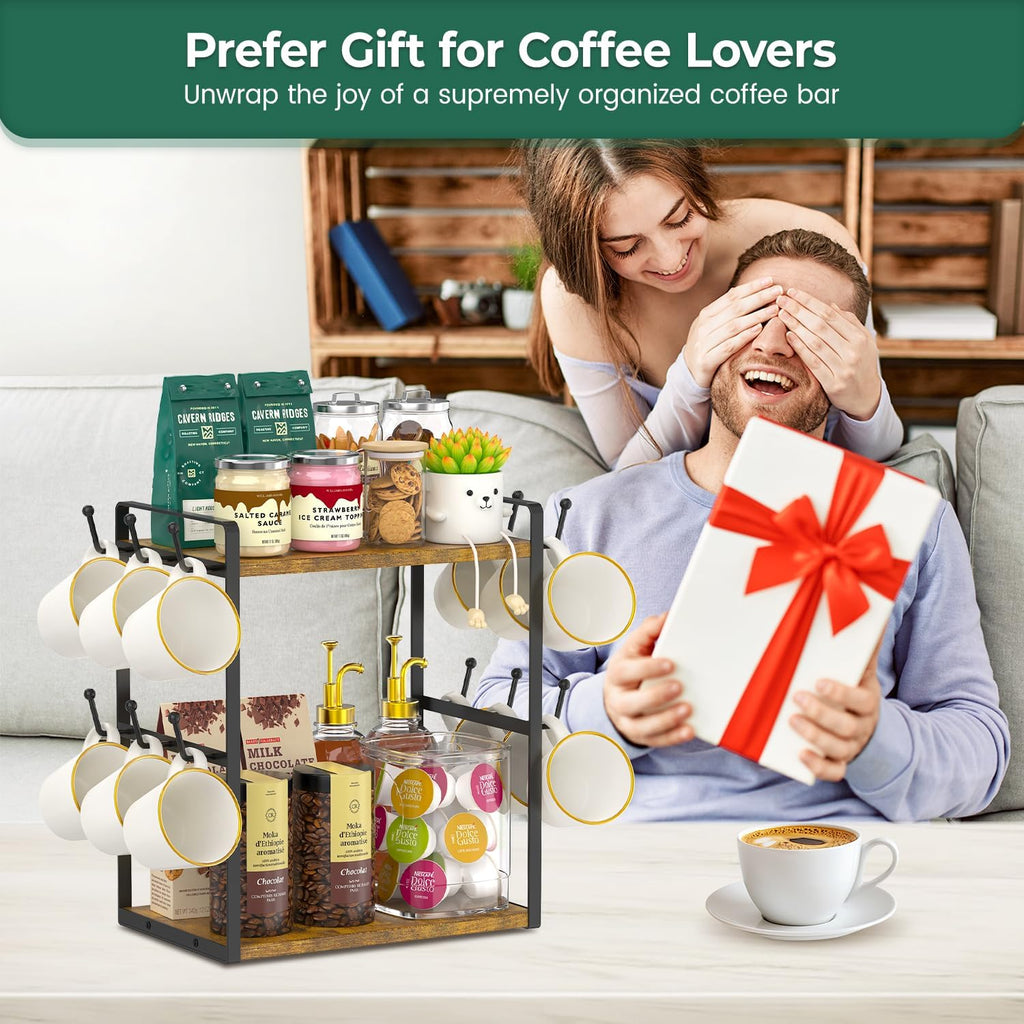 EsLuker.ly 2 Tier Coffee Mug Holder Station Bar Organize Countertop, Mug Cup Tree Rack for Kitchen Office, Storage Shelf with 12 Hooks, Creat Stylish Coffee Corner, Vintage Brown-Black