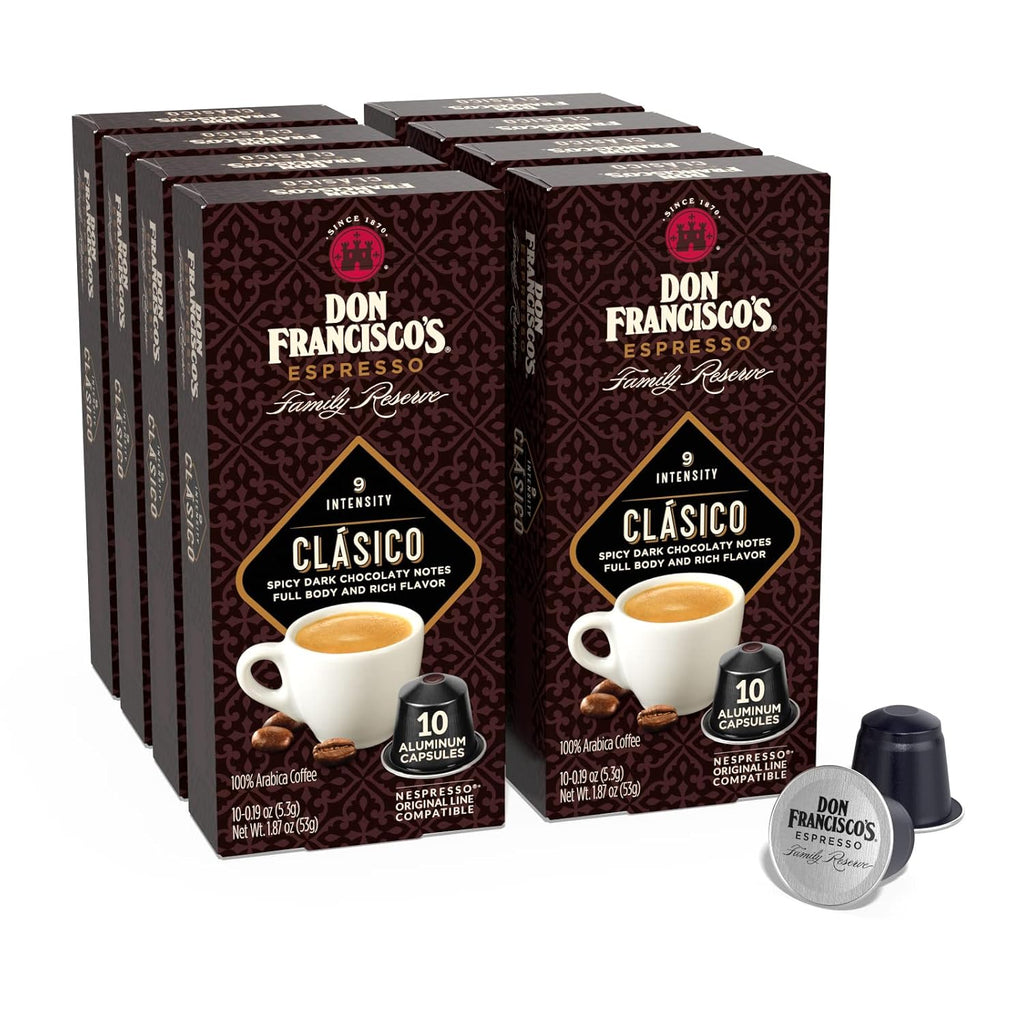 Don Francisco's Clasico Espresso Pods: 80 Recyclable Aluminum Capsules, Intensity 9 Dark Roast, Compatible with Nespresso Original Line Machines - Bold Cuban-Style with Spicy Chocolate Notes