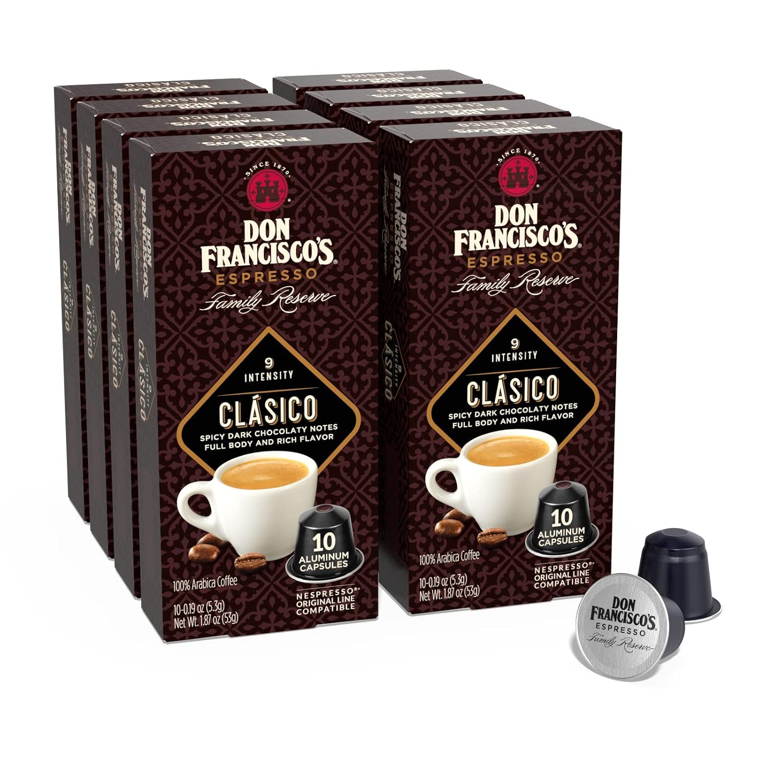 Don Francisco's Clasico Espresso Pods: 80 Recyclable Aluminum Capsules, Intensity 9 Dark Roast, Compatible with Nespresso Original Line Machines - Bold Cuban-Style with Spicy Chocolate Notes