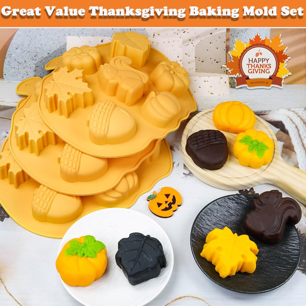 Halloween & Thanksgiving Silicone Molds - 3PC Autumn Cake Molds Set with Acorn Pumpkin Maple Leaf Shapes 21-Cavity Baking Pan for Chocolate Candy Cheesecake Ice Cube Jelly Pudding Soap Candle Making