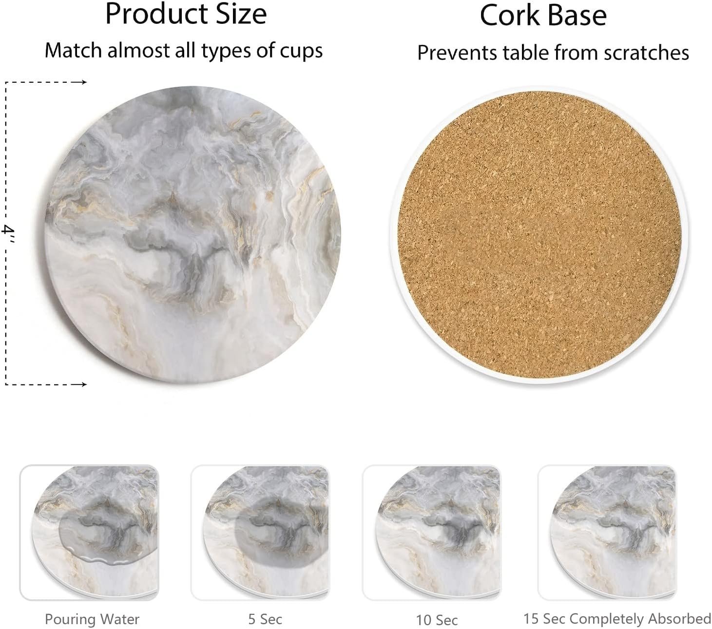 Set of 6 Abstract Gray White Marble Coasters with Holder, Absorbent Ceramic Coasters for Drinks, Coasters with Cork Backing for Table Protection, Housewarming Gifts for New Home
