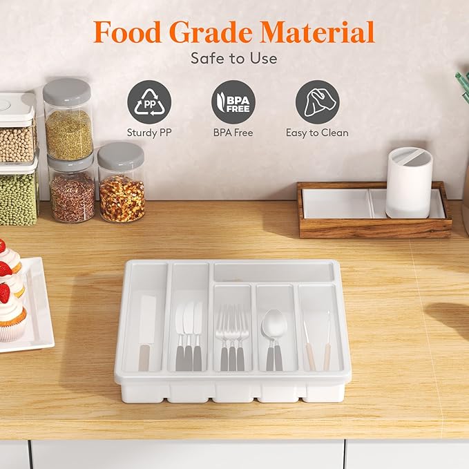 Lifewit Silverware Organizer with Lid, Covered Utensil Tray for Kitchen Drawer and Countertop, Plastic Cutlery and Flatware Storage Box for Spoons Forks Knives Holder Case, 6 Compartments, White