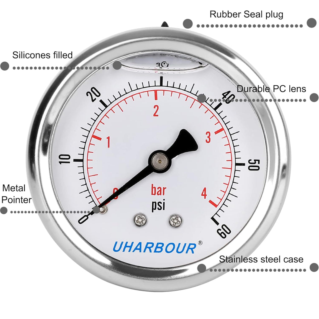 Glycerin Filled Low Pressure Gauge 60psi/4bar, Stainless Steel case, Brass Inside Construction, 2-1/2" dial, 1/4" NPT Back Connection…