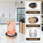 Wood Coasters Set of 8 with Holder, Cewiru Cup Mat for Drinks, Absorbent Coasters with Felt Insert for Coffee Table Protection, Modern Style Home Dining Table Decor, 4.3" Black