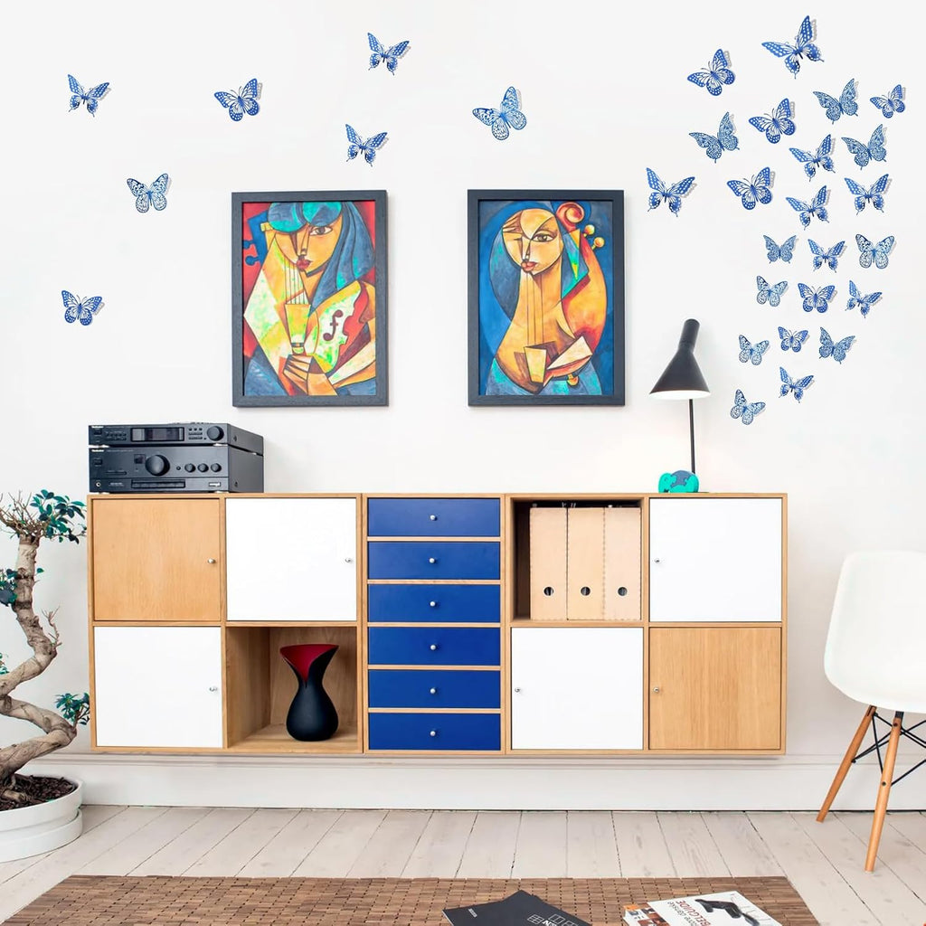 SAOROPEB Butterfly Wall Stickers, 48 Pcs 4 Styles 3 Sizes, Metallic Paper, Removable, Navy Blue, Art Deco Decor for Wall
