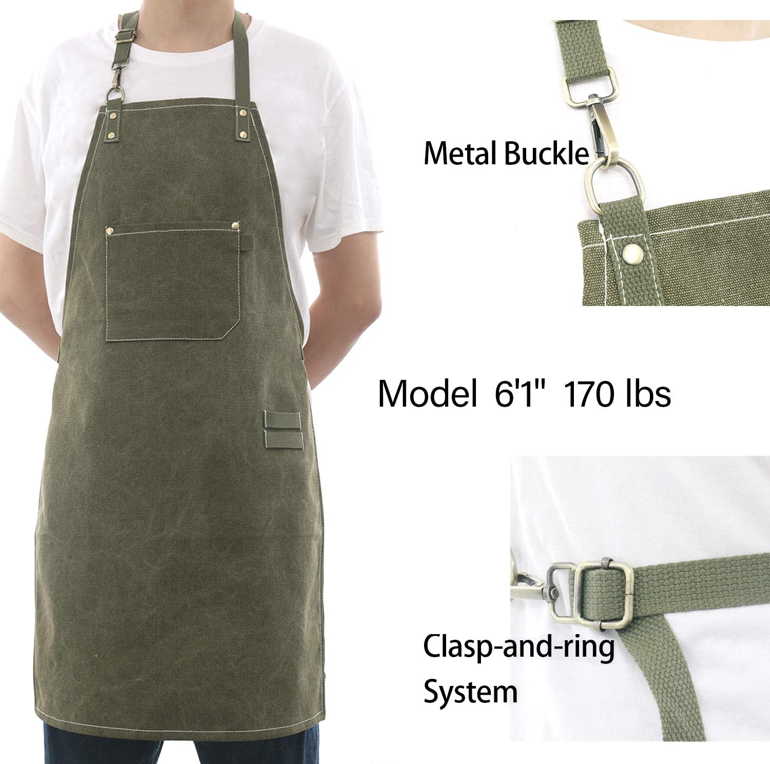 No-Tie Canvas Apron Heavy-Duty 16OZ Work Apron with Front Pocket Extra Long Straps Adjustable M–XXL