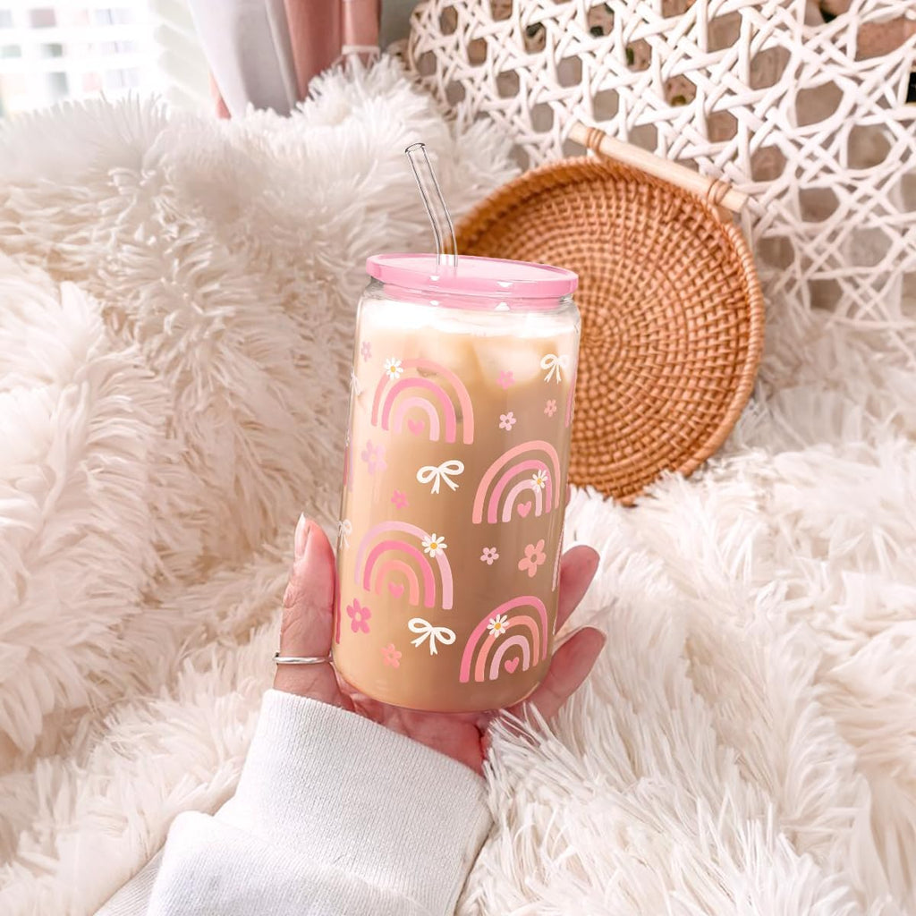 Rainbow 16oz Can Glass Tumbler with Acrylic Lid & Straw, Iced Coffee Cup for Women Girls, Aesthetic Cups Gifts for Birthday Christmas