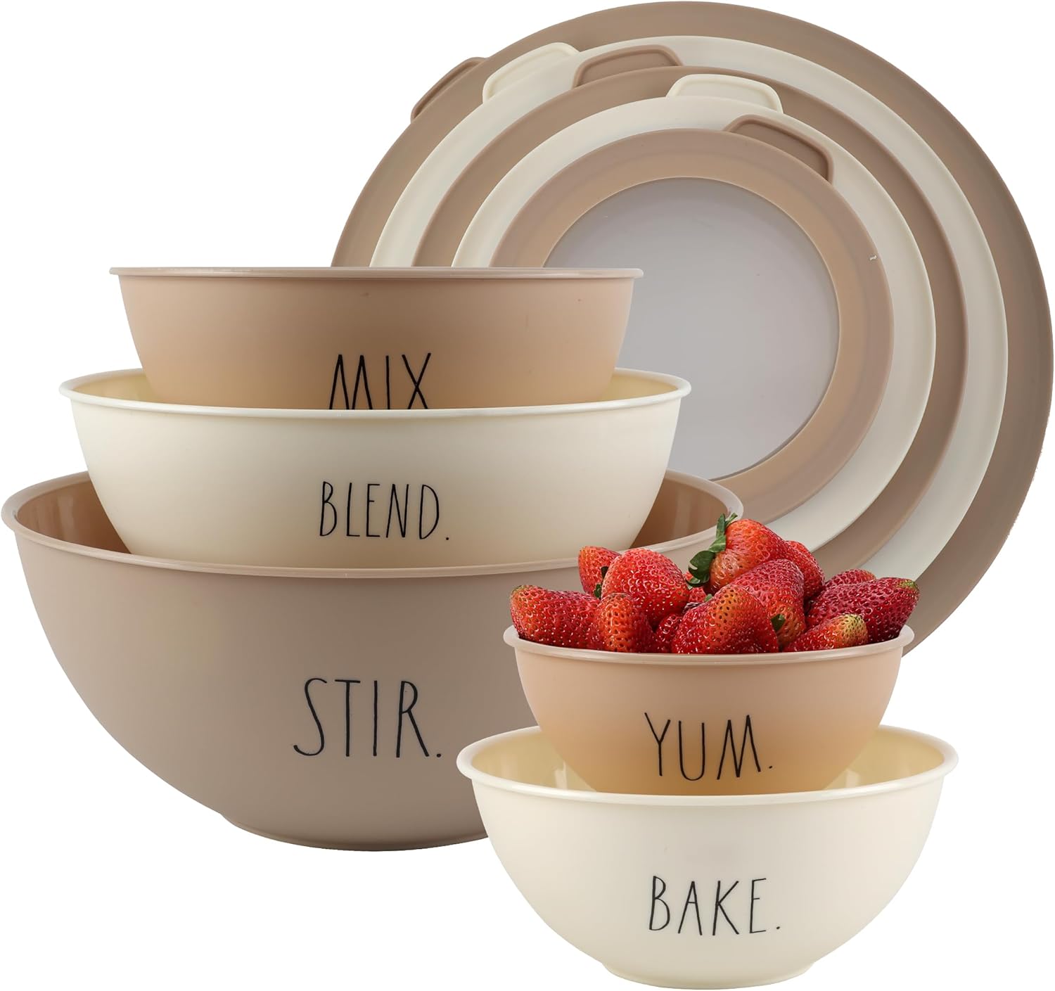 Rae Dunn Mixing Bowls with Lids - 10 Piece Plastic Nesting Bowls Set includes 5 Prep Bowls and 5 Lids (Brown)