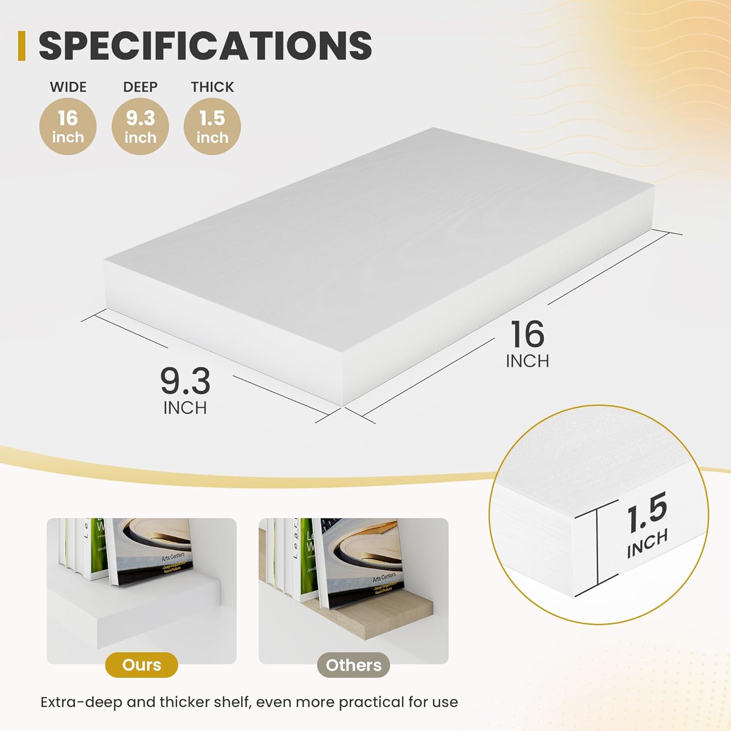 16 Inch Floating Shelves, 9.3" Deep Floating Shelf Wall Mounted, 16" Wall Shelves, Rustic Deep Bookshelf, Large Display Shelves & Storage Shelves for Bedroom, Living Room, White, Set of 2