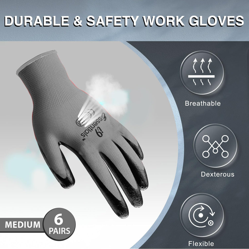 I9 Essentials 6 Pairs Nitrile Coated Work Gloves – Medium,Lightweight Grip Gloves for Men & Women – Gardening, Construction, Mechanic, Woodworking