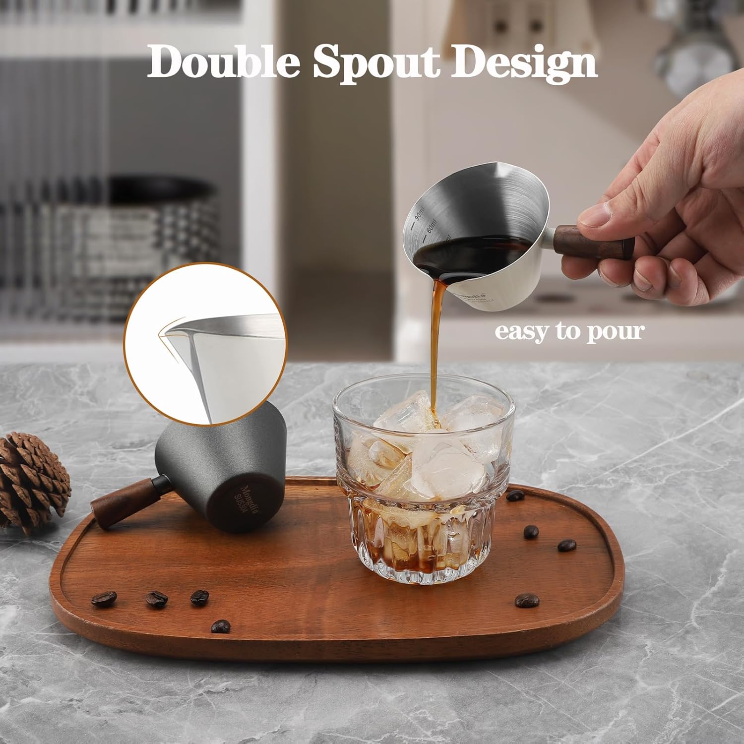 Mongdio Espresso Measuring Cup, Stainless Steel Espresso Shot Cups with Wooden Handle and Double Spouts, 3.4OZ/100ML, Black