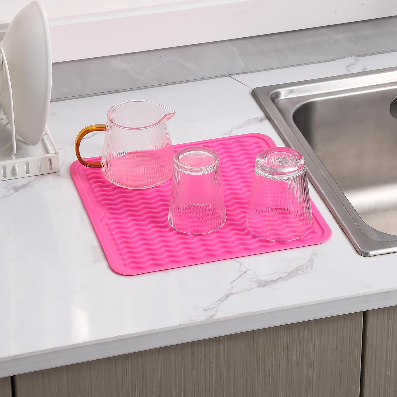 Silicone Dish Drying Mat for Multiple Usage,Easy clean,Eco-friendly,Heat-resistant Silicone Mat for Kitchen Counter or Sink,Refrigerator or Drawer liner Rose M 12 inches x 12 inches