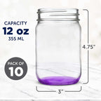 DISCOUNT PROMOS Decorating Mason Jars 12 oz. Set of 10, Bulk Pack - Glass Jars for Overnight Oats, Candies, Fruits, Pickles, Spices, Beverages - Purple