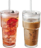 20oz Ribbed Glass Tumblers with Lids & Straws, Ideal for Iced Coffee, Cocktails & More - Includes Cleaning Brush