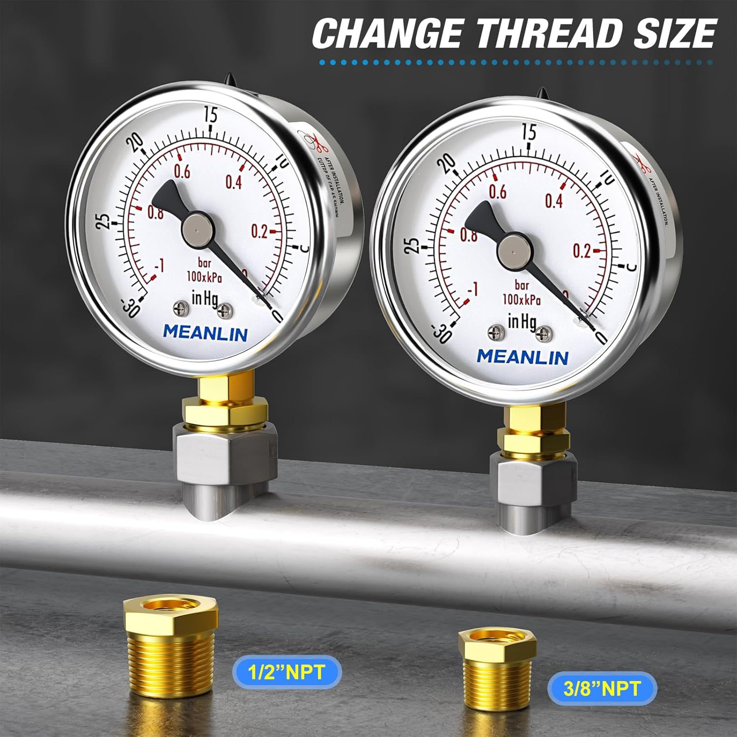 MEANLIN MEASURE -30inHG~0Psi Vacuum Gauge Stainless Steel 1/4" NPT 2" FACE DIAL Waterproof for Air Compressor HVAC Negative Pressure Hand Pump Pool Lower Mount, with 1/2" NPT and 3/8" NPT Hex Bushing