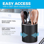 Rotating Extra Large Stainless Steel Utensil Holder Caddy with Sturdy No-Tip Weighted Base, Removable Divider, and Gripped Insert Bottom -Dishwasher Safe Metal Cooking Utensil Holder (Black)