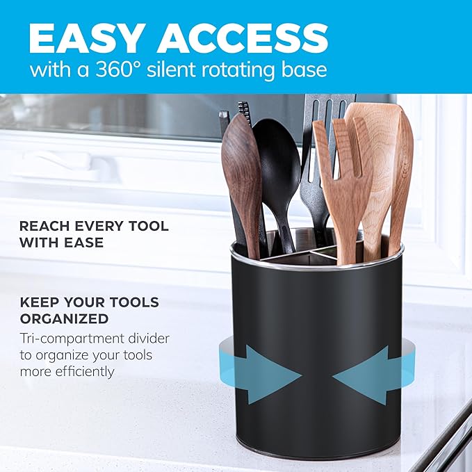 Rotating Extra Large Stainless Steel Utensil Holder Caddy with Sturdy No-Tip Weighted Base, Removable Divider, and Gripped Insert Bottom -Dishwasher Safe Metal Cooking Utensil Holder (Black)
