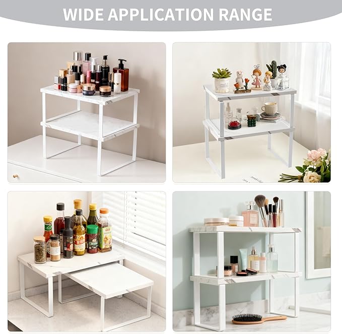 Cabinet Organizer Shelf, Set of 2 Expandable Kitchen Countertop Shelves with Spice Rack - Stackable Storage in Metal and Wood15.7 inches (White)