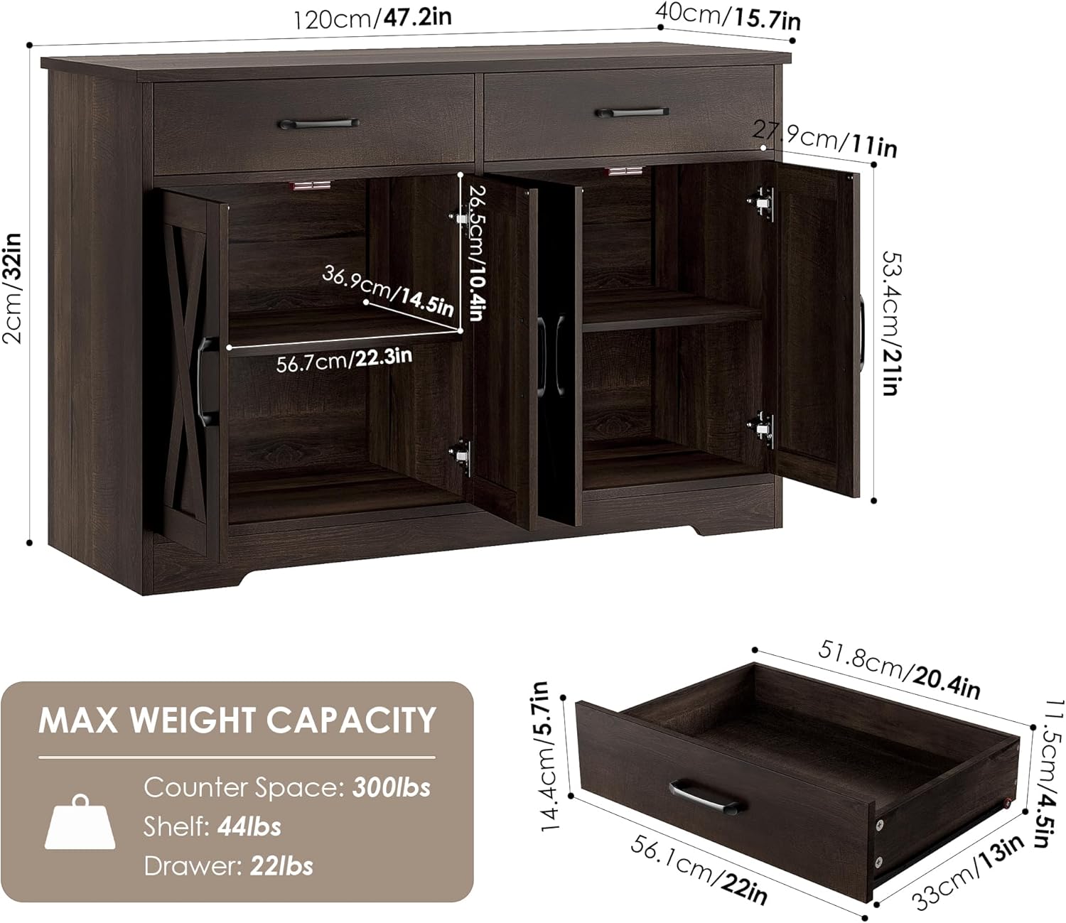 HOSTACK Buffet Cabinet with Storage, 47.2" Kitchen Sideboard Buffet with Drawers, Modern Farmhouse Coffee Bar Station with Shelves, Barn Doors Storage Cabinet for Living Room, Dark Brown