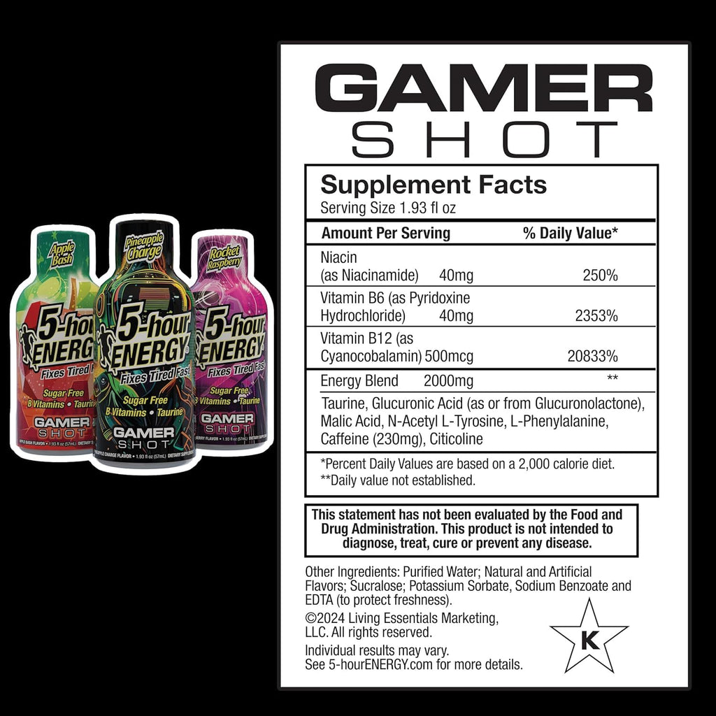 5-Hour Energy Gamer Shots Variety Pack, 24 Count (1.93 fl oz) - Extra Strength Apple Bash, Rocket Raspberry, Pineapple Charge Flavors