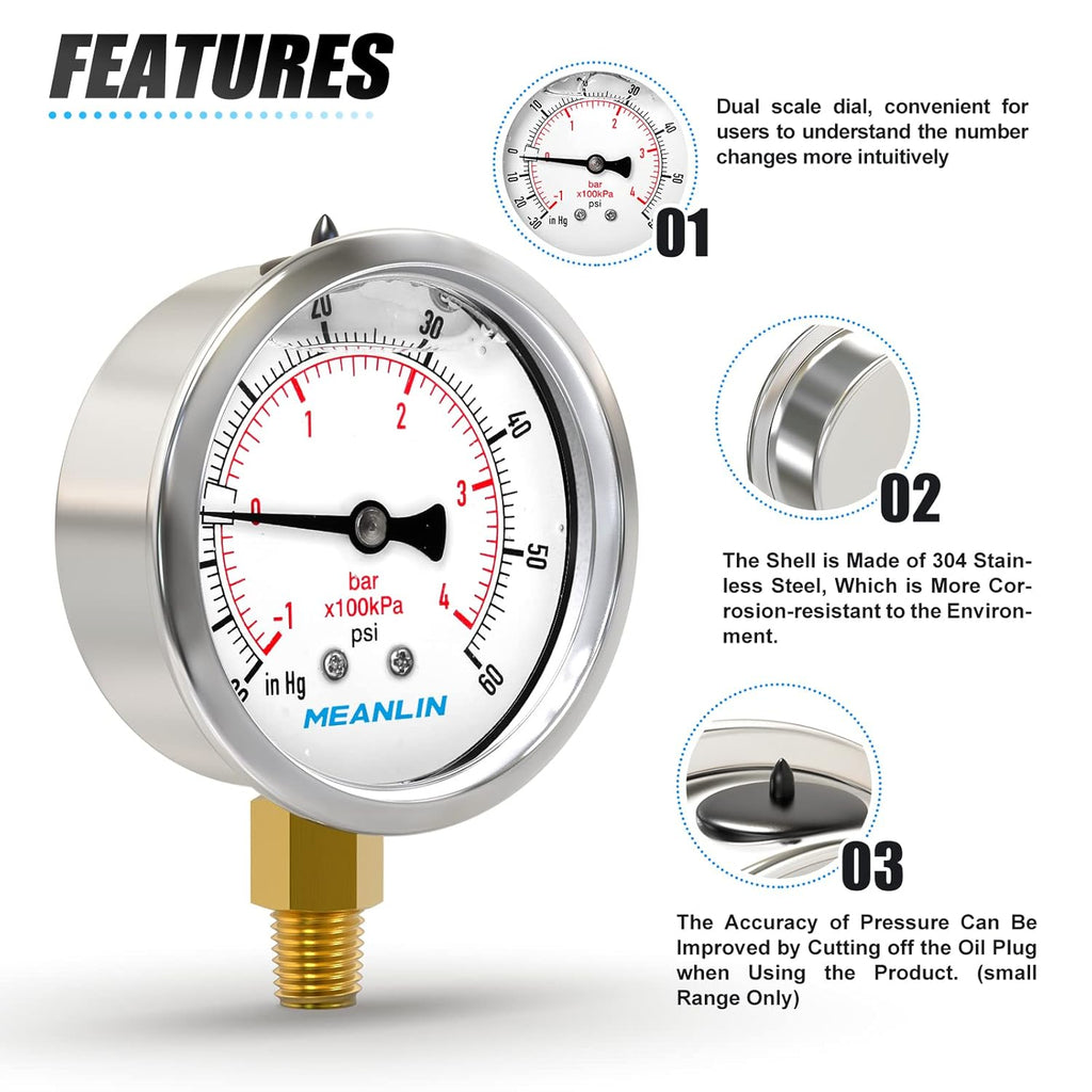 MEANLIN MEASURE -30inHG~60Psi Stainless Steel 1/8" NPT 2.5" FACE DIAL Vacuum Pressure Gauge, Lower Mount, with 1/4" NPT and 3/8" NPT Hex Bushing