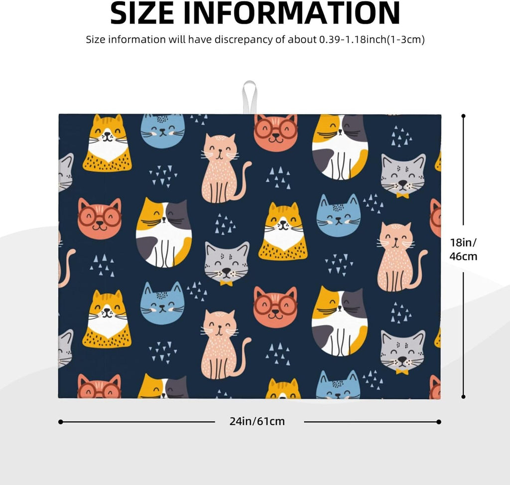 Absorbent Microfiber Dish Drying Mat, Quick Dry Pad for Sink Dishes or Under Rack, Kitchen Counter Accessories, Reusable Washable Extra Large 18"x24" (Cute Cats,Navy blue)
