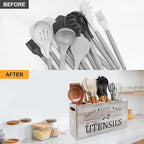 Rustic White Wooden Utensil Holder for Kitchen Counter Decor Extra Large Utensil Crock Organizer Silverware Caddy Farmhouse Wood Cutlery Holder Cooking Utensil Stand Storage kitchen Tools Holder
