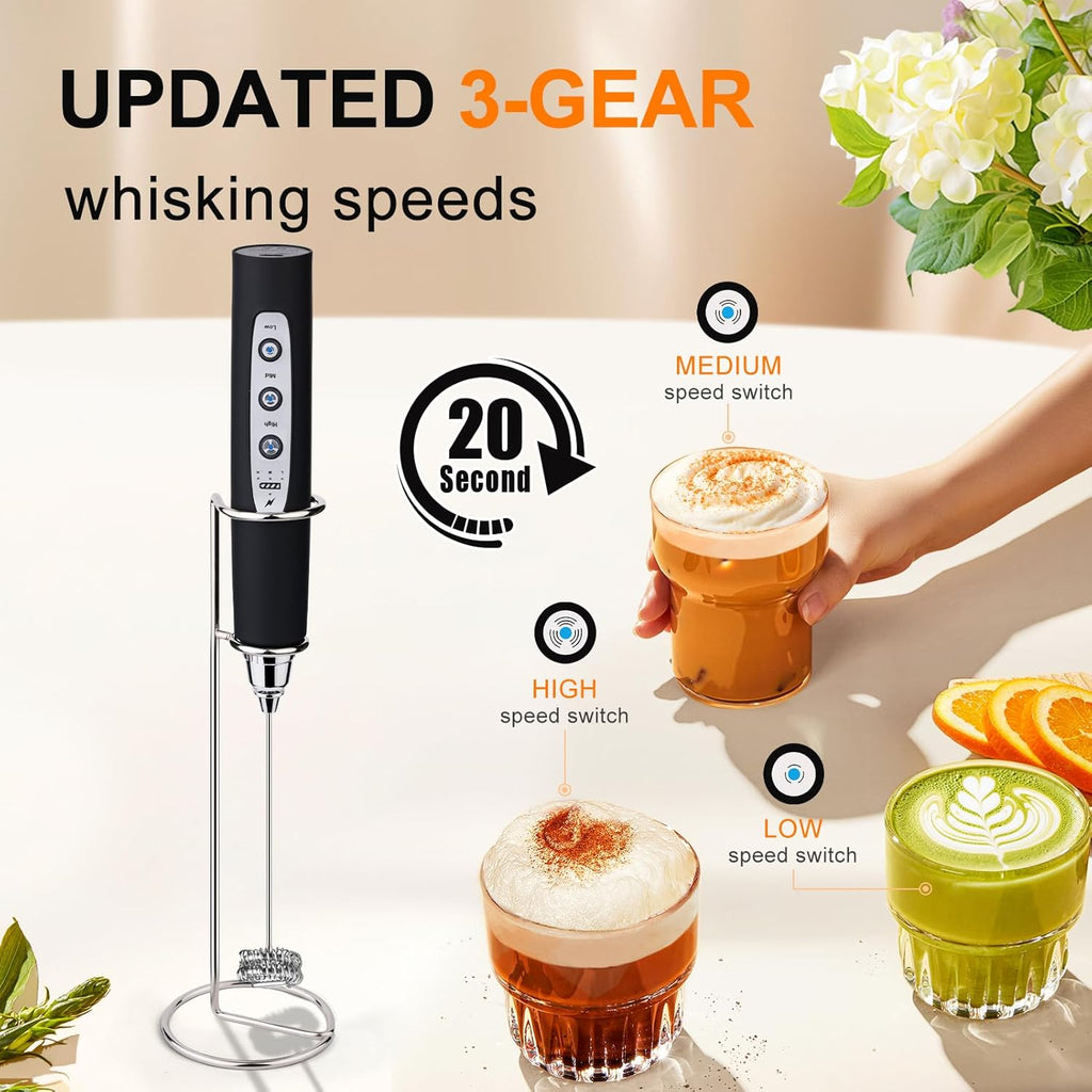 YUSWKO Black Handheld Milk Frother Wand with Stand for Coffee, Rechargeable Electric Whisk with 3 Heads 3 Speeds Drink Mixer Coffee Frother For Latte, Cappuccino, Hot Chocolate, Egg