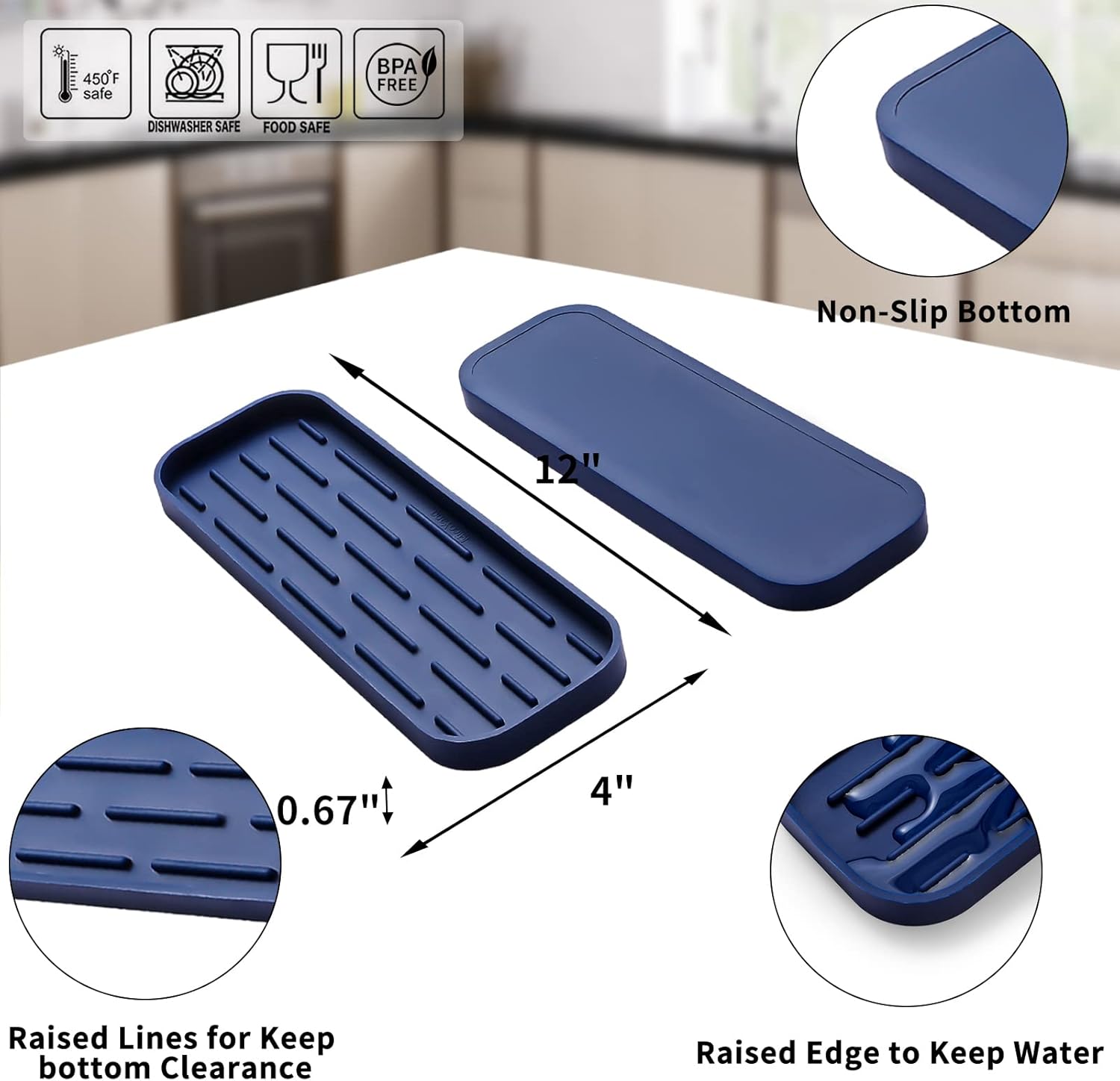 Silicone Kitchen Sink Organizer Tray for Multiple Usage,Eco-Friendly Sponges Holder for Kitchen Bathroom Counter or Sink,Dish Soap Dispenser,Scrubber,Bottle,Cup (Navy Blue, 12"×4")