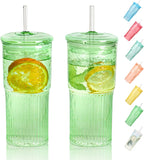 20 OZ Glass Cup with Lids and Glass Straws, High Borosilicate Iced Coffee Glass Tumblers with Lid and Straw for Drinks, 2pcs Reusable Wide Mouth Smoothie Cup(Green)
