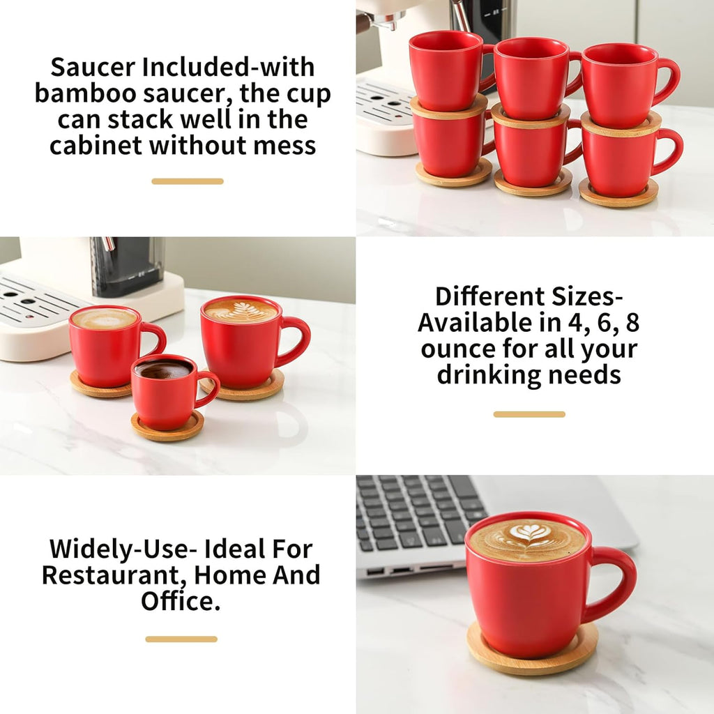 Hasense 8 oz Tea Cups and Saucers Set of 6, Ceramic Coffee Cups with Handle, Latte, Cappuccino, Espresso, Stackable for Party, Home and Kitchen, Red