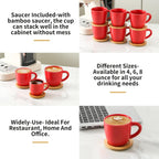 Hasense 8 oz Tea Cups and Saucers Set of 6, Ceramic Coffee Cups with Handle, Latte, Cappuccino, Espresso, Stackable for Party, Home and Kitchen, Red