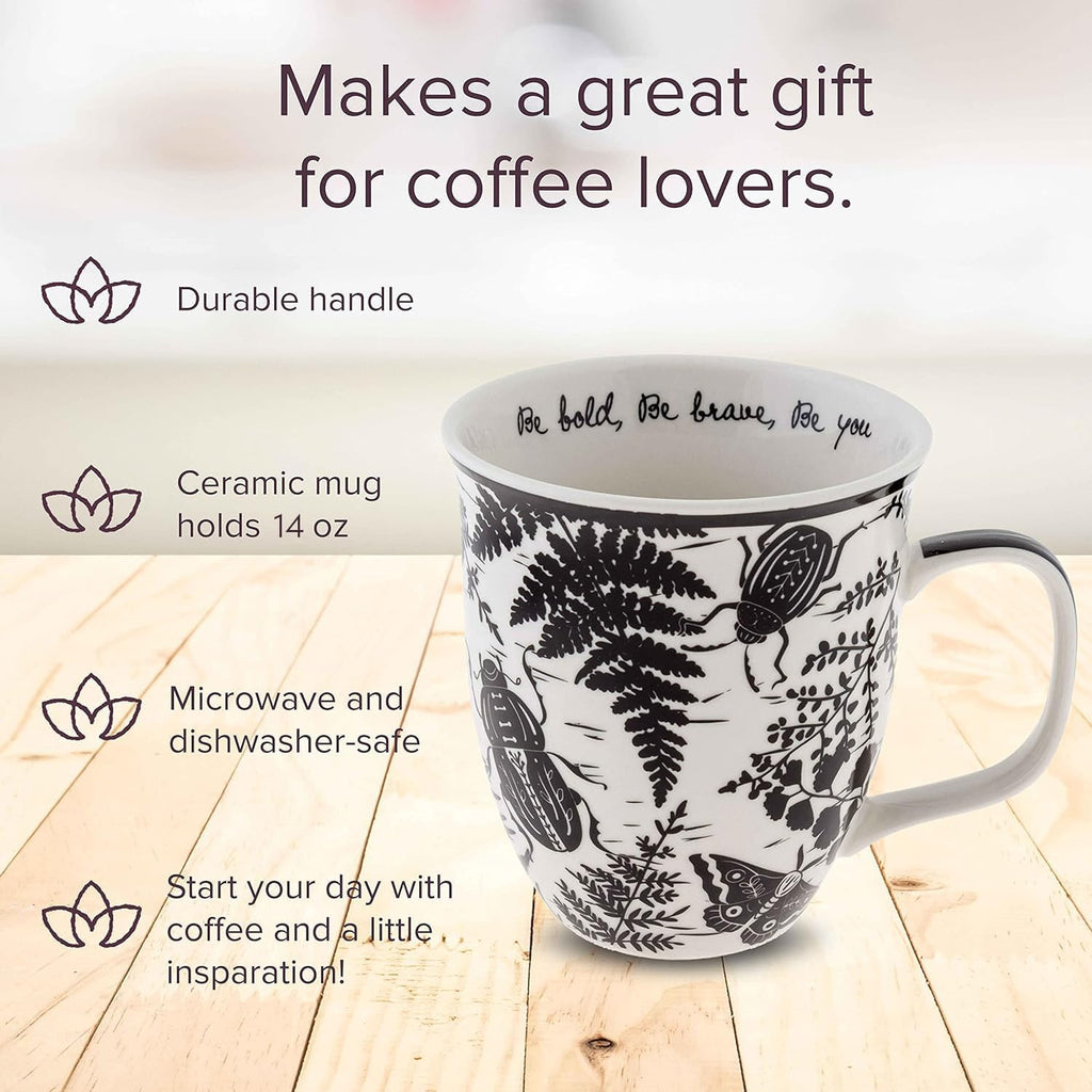 Karma Gifts 16 oz Black and White Boho Mug Beetle - Cute Coffee and Tea Mug - Ceramic Coffee Mugs for Women and Men