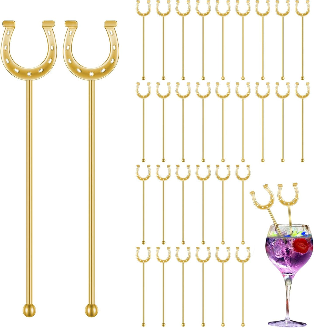 6 Inch Derby Drink Plastic Stirrers Swizzle Sticks for Cocktails Coffee Reusable U Shaped Horseshoe Drink Stirrers for Coffee Beverage Party Bar Weddings Events(Gold,30 Pcs)