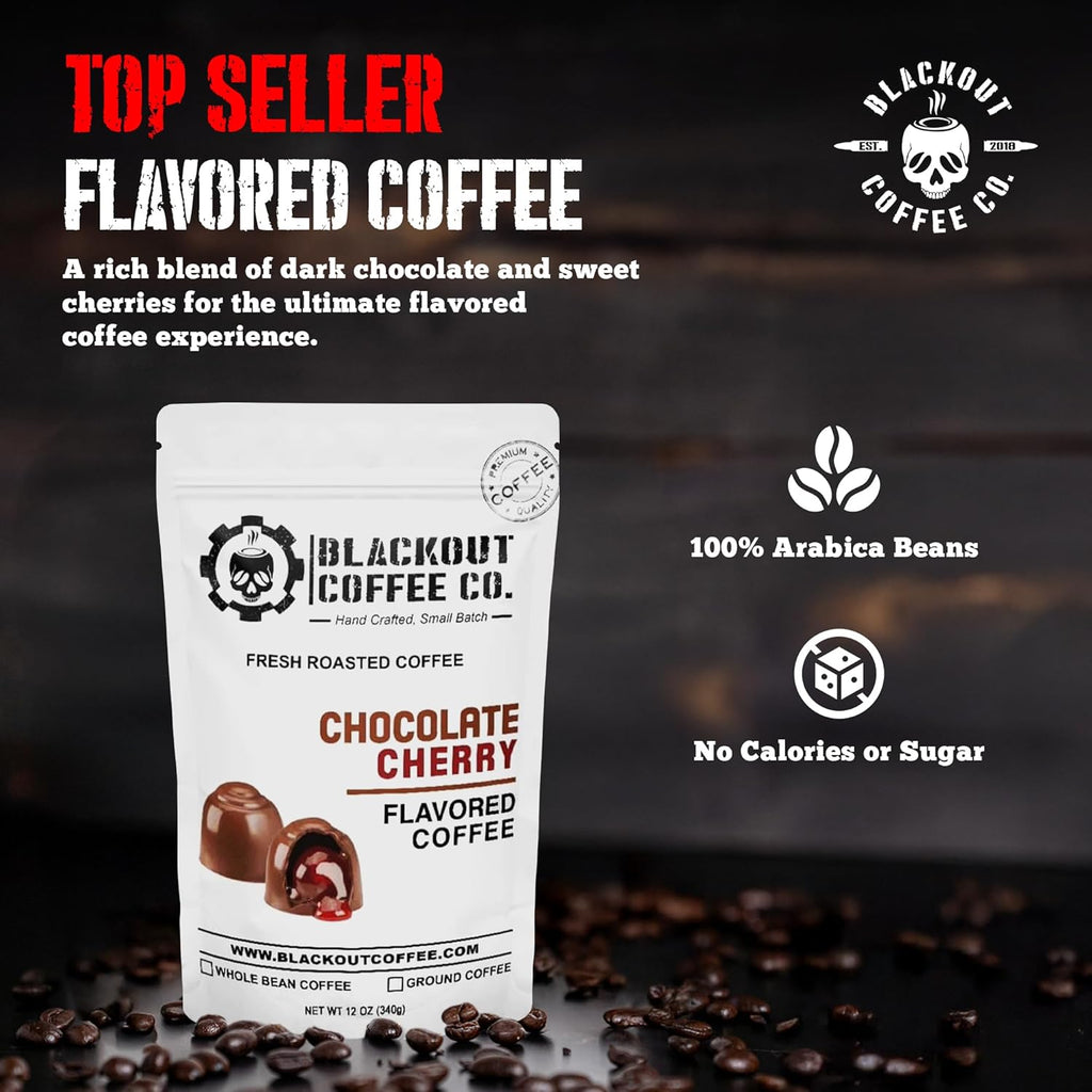 Blackout Coffee Chocolate Cherry Flavored Medium Roast - Freshly Roasted in the USA - 12 oz Ground Coffee Pouch