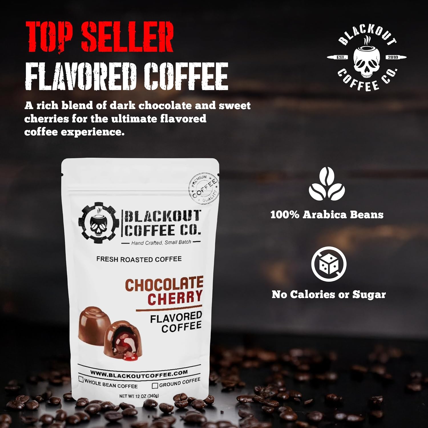 Blackout Coffee Chocolate Cherry Flavored Medium Roast - Freshly Roasted in the USA - 12 oz Ground Coffee Pouch