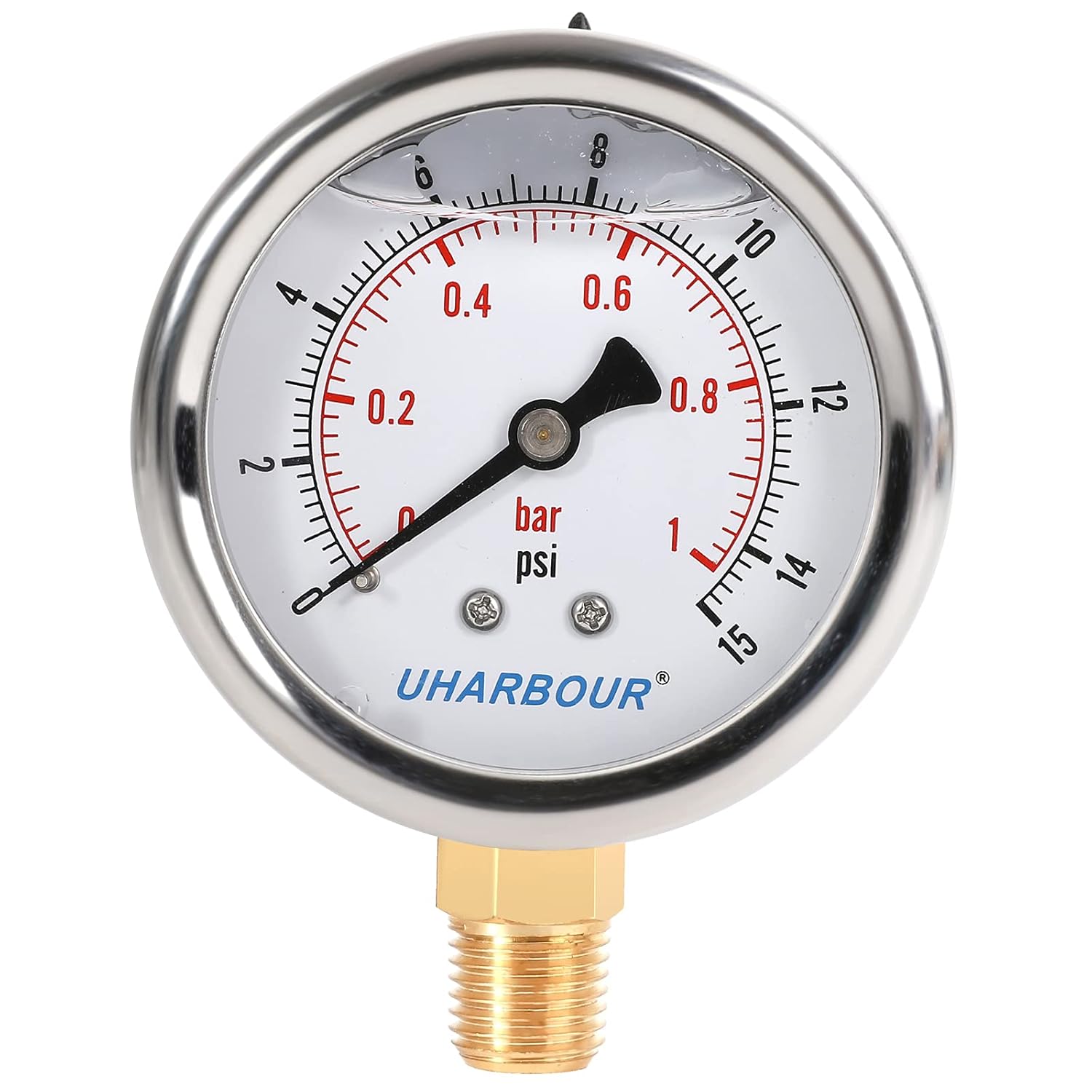 Glycerin Filled Low Pressure Gauge 15psi/1bar, Stainless Steel case, Brass Inside Construction, 2-1/2" dial, 1/4" NPT Rear Connection.