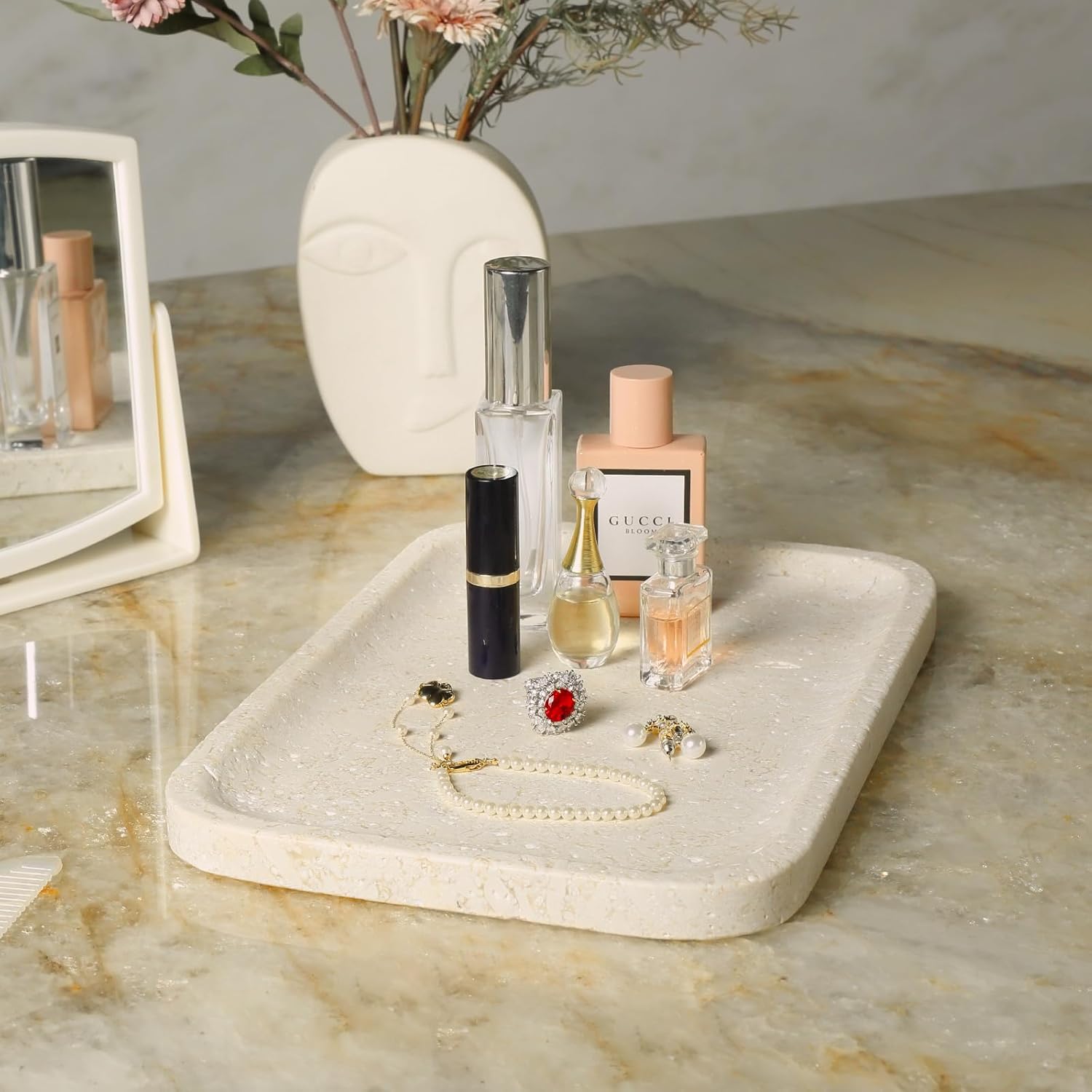 Koville Marble Tray, 12"x8" Marble Vanity Tray for Bathroom Kitchen Countertop, Rectangular Stone Tray for Cosmetics Perfume Trinket, Decorative Catchall Trays (12"x8"-Brown)