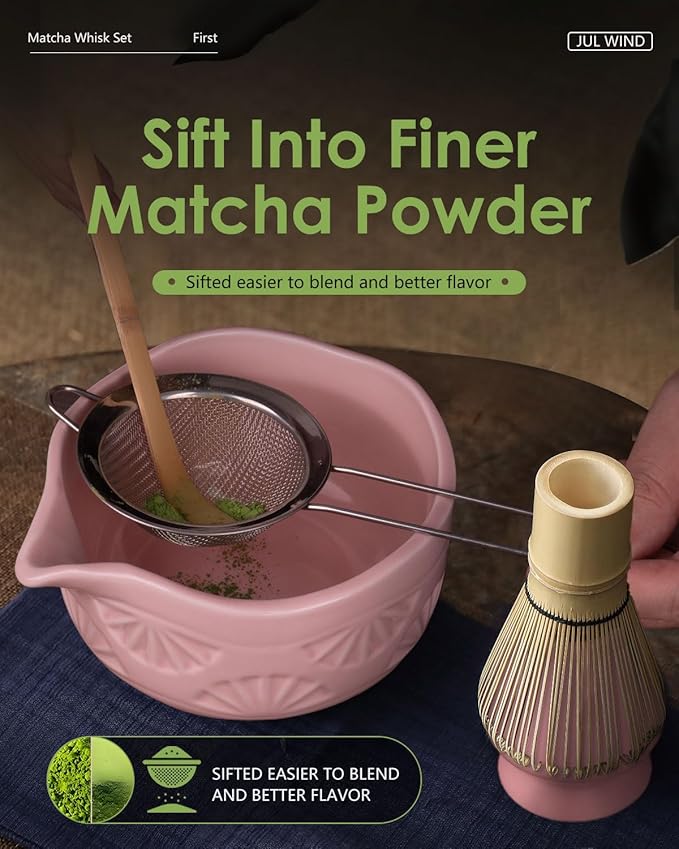 Matcha Whisk Set, Ceramic Matcha Set Includes Matcha Bowl with Spout, Matcha Whisk and Holder, Bamboo Scoop, Sifter and Tea Towel - 6 Pcs Matcha Kit Gift for Matcha Lovers (Pink)