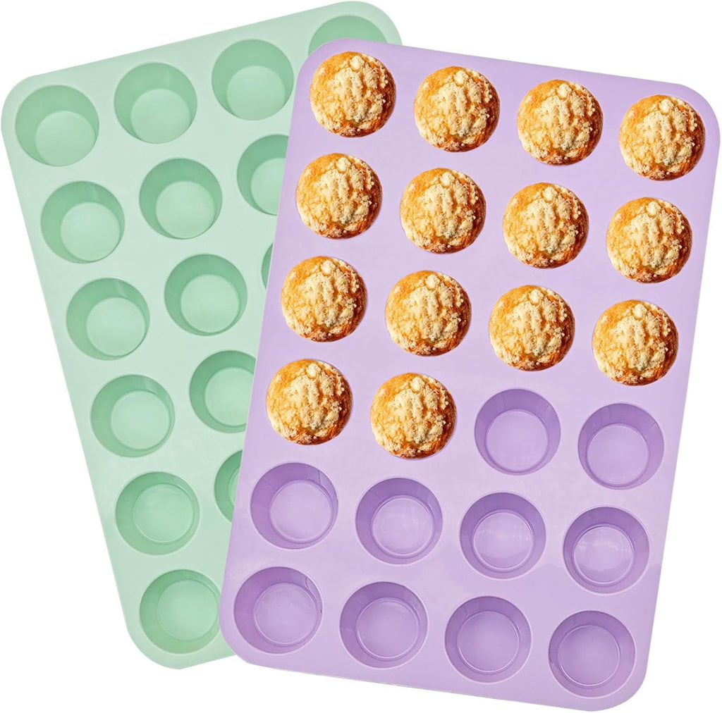 24 Cups Silicone Mini Muffin Pan Set, Nonstick Mini Cupcake Pans, BPA Free Small Muffin Tin for Baking, Set of 2 (Green+Purple)