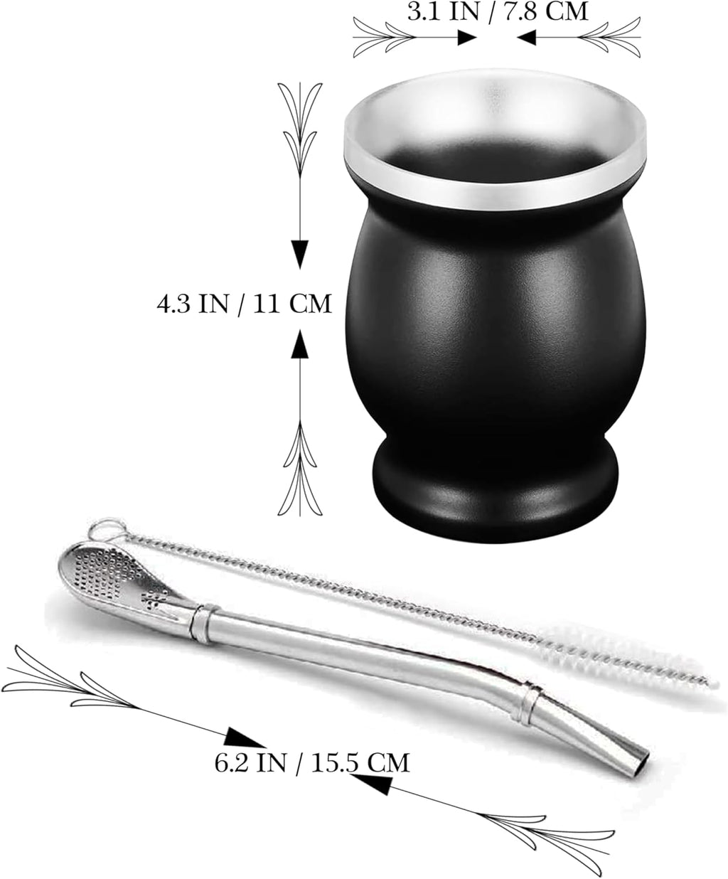 LA FEE Yerba Mate Natural Gourd/Tea Cup Set Brown (Original Traditional Mate Cup - 8 Ounces)，Includes Yerba Mate Straw & Cleaning Brush，Stainless Steel | Double-Walled | Easy to Clean (Black)