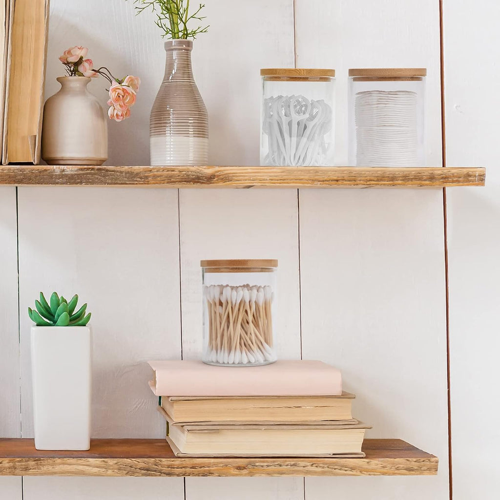 3 Pack Glass Qtip Holder Dispenser Set - Apothecary Jars with Lids for Vanity Makeup Organizer - Bathroom Canister Storage Organizer for Cotton Ball,Swab,Round Pads,Floss