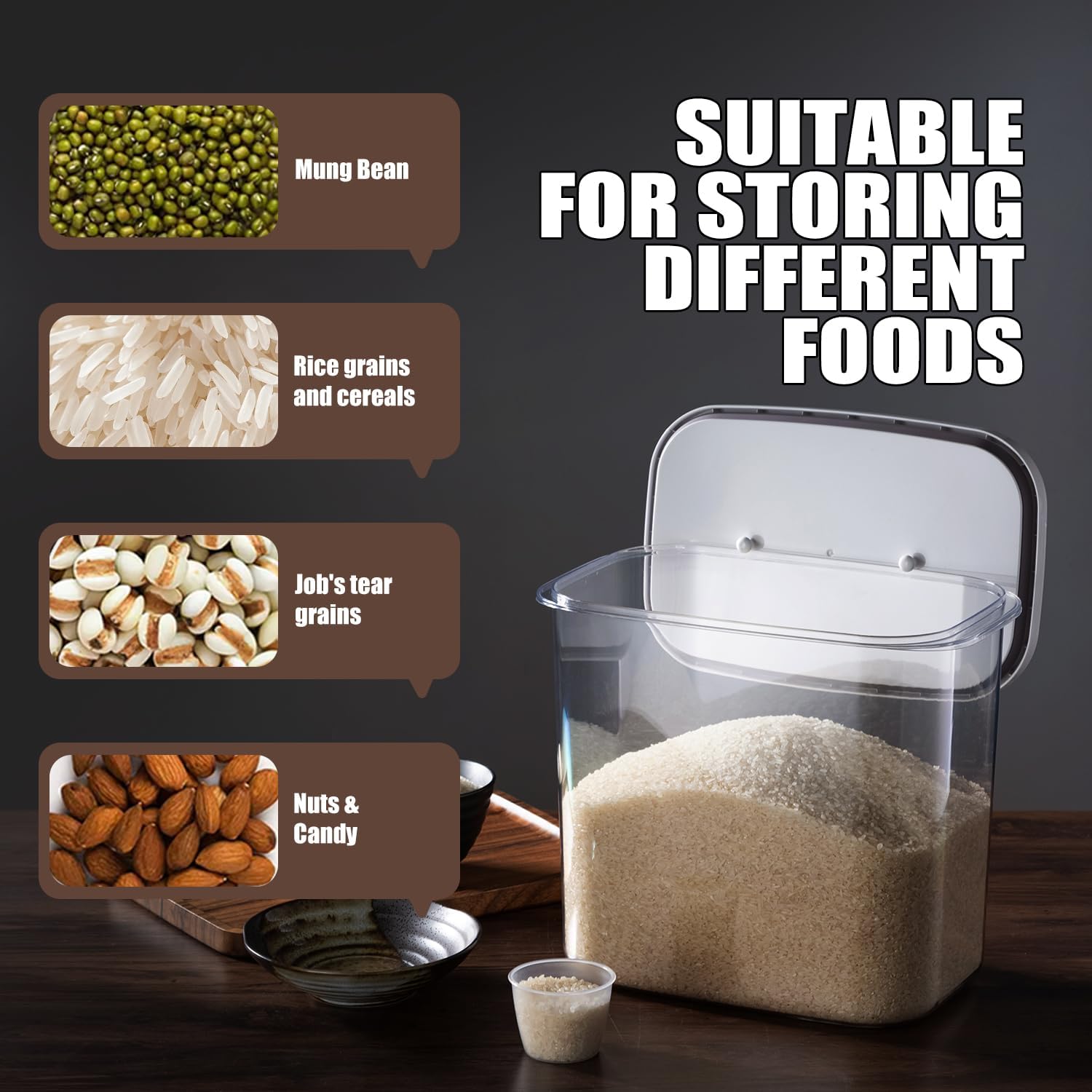 Rice Container - 25 Lbs/12KG/12L Rice Dispenser Storage with Measuring Cup Food Cereal Container Bins Pet Food Container Household for Kitchen Pantry Organization
