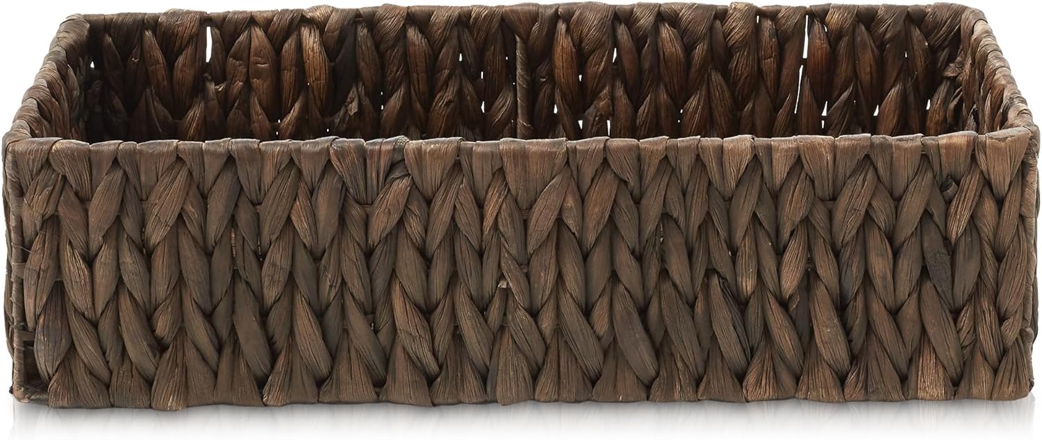 Casafield Set of 2 Bathroom Storage Baskets, Espresso - Water Hyacinth, 16" W x 6.75" D x 4.25" H, Woven Toilet Tank Topper Bins for Organizing Tissues, Toilet Paper, Toiletries, Shelves