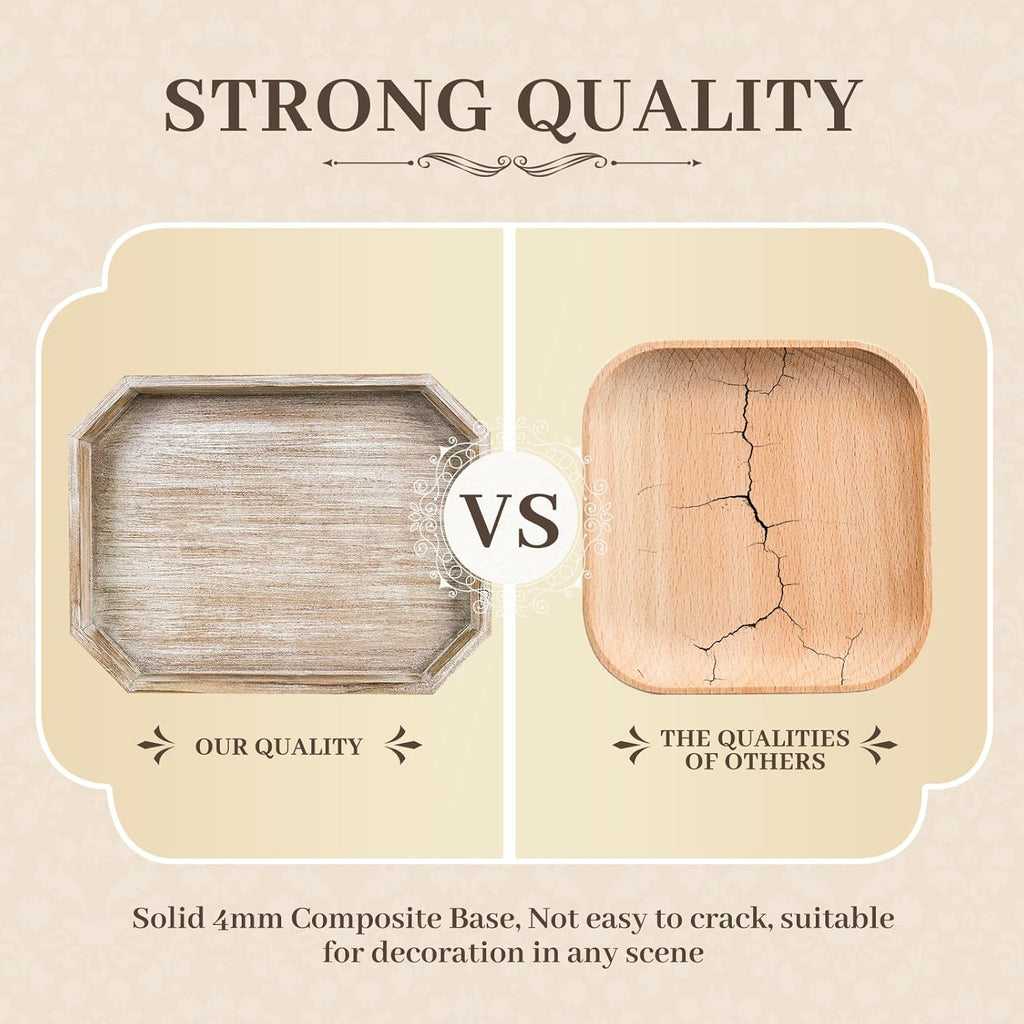 Wooden Decorative Tray, Rustic Serving Tray with Wood Bead, Farmhouse Big Tray for Ottoman, Countertop, Coffee Tabl, 16.5" x 13"x 1.6" (White Washed)